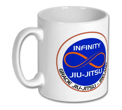 White Infinity Jiu-Jitsu mug with academy badge