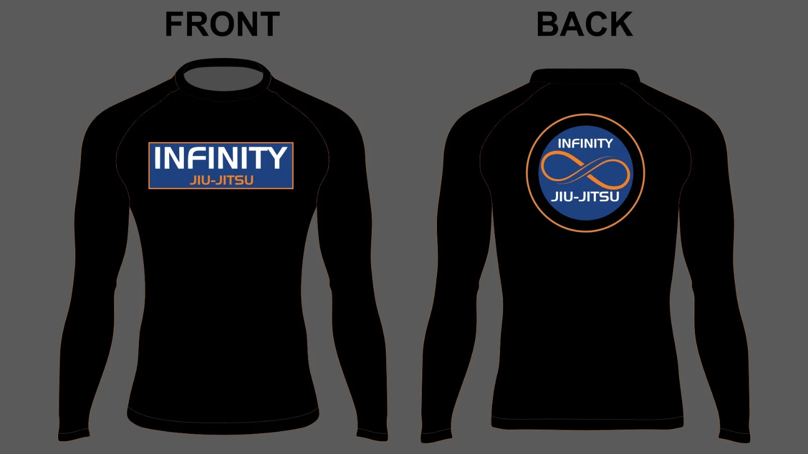 Black Infinity Jiu-Jitsu long-sleeve rash guard, front and back