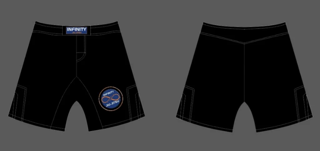 Black Infinity Jiu-Jitsu no-gi training shorts, front and back