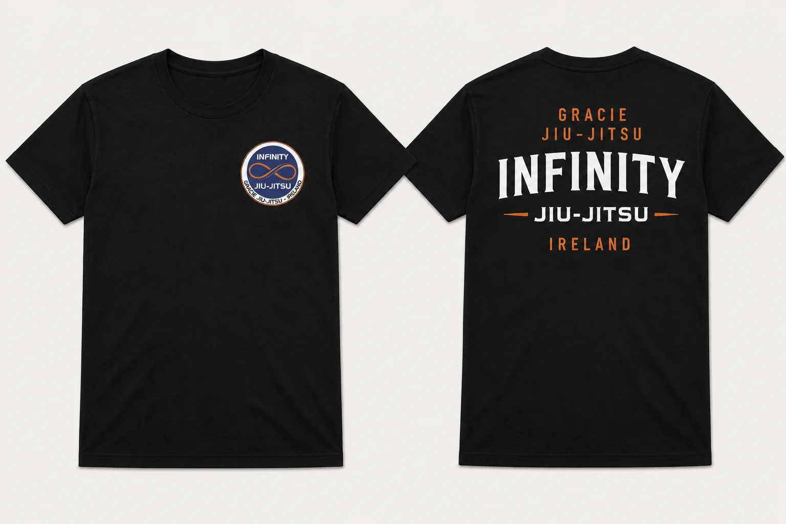 Black Infinity Jiu-Jitsu academy T-shirt, front and back