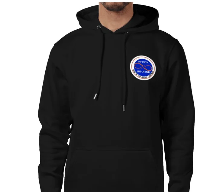Black Infinity Jiu-Jitsu hoodie, front with chest badge