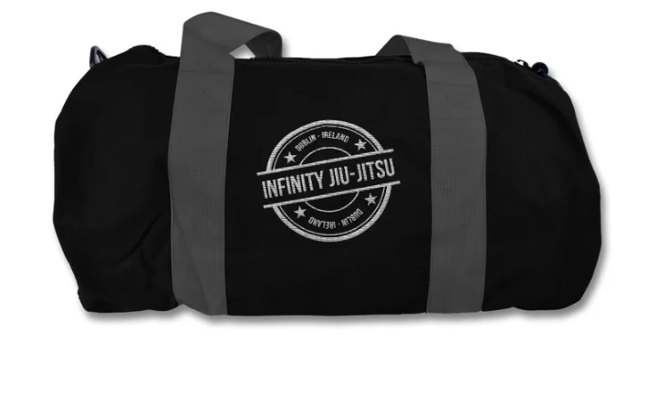 Black and grey Infinity Jiu-Jitsu duffel bag
