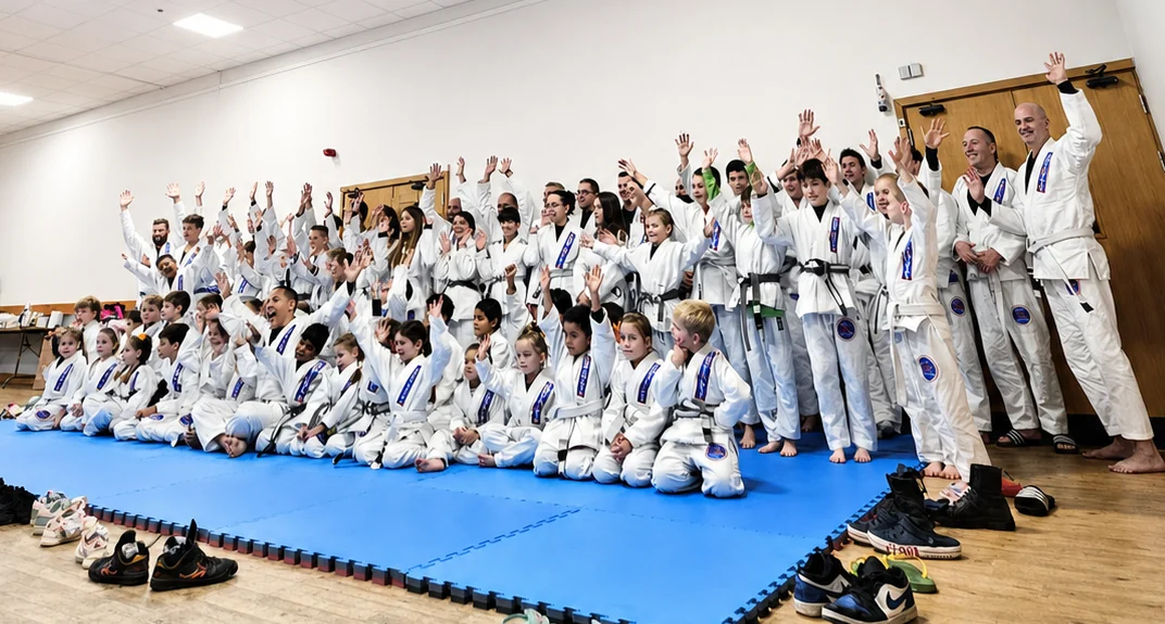 Professor Fabiano with Infinity Jiu-Jitsu students, children and families waving together at an academy anniversary photo