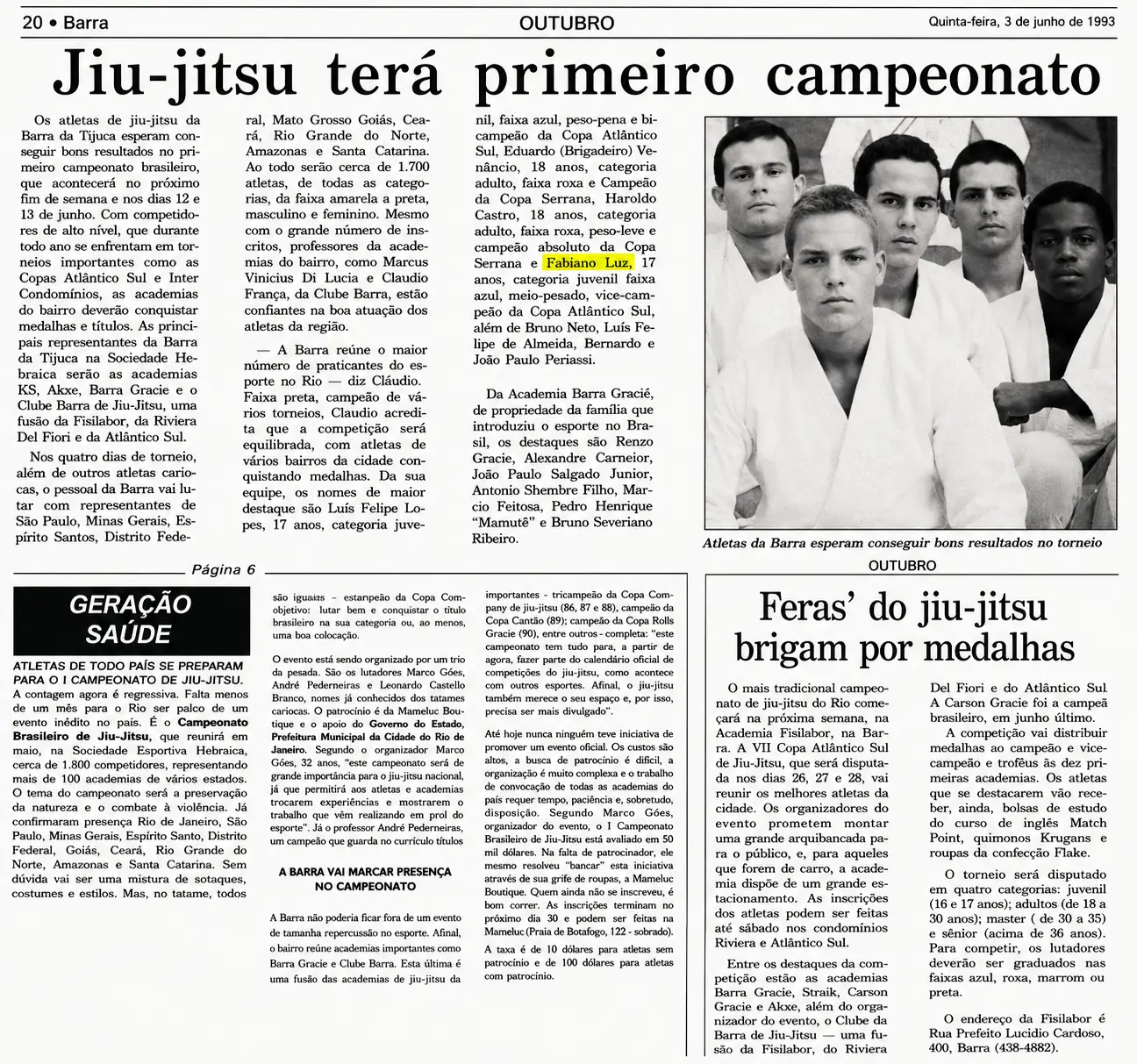 Brazilian newspaper page headed 'Jiu-jitsu terá primeiro campeonato', with Fabiano Luz's name highlighted and a team photograph of young Barra athletes