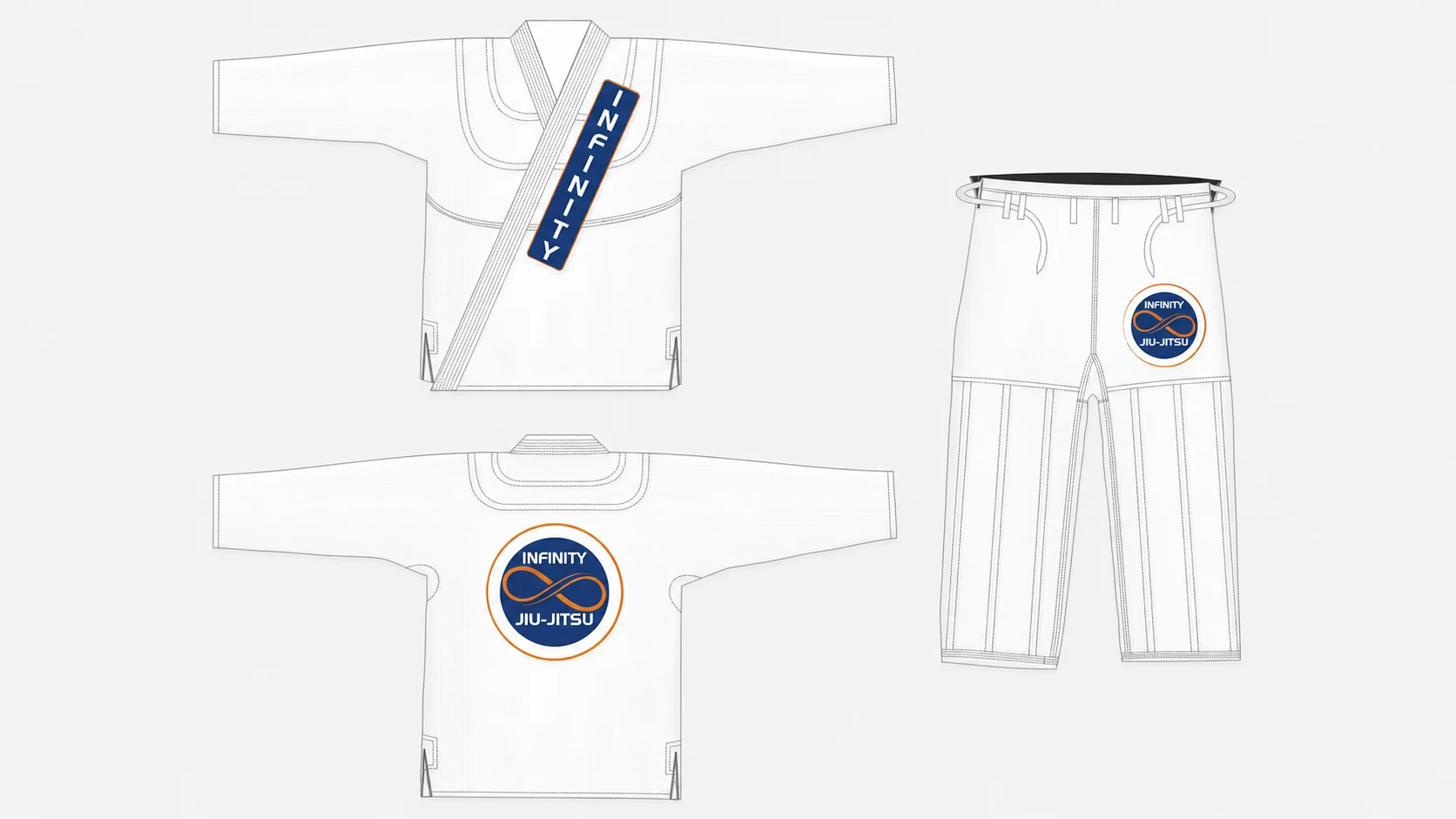 Infinity Jiu-Jitsu white academy gi, jacket and trousers with academy patches